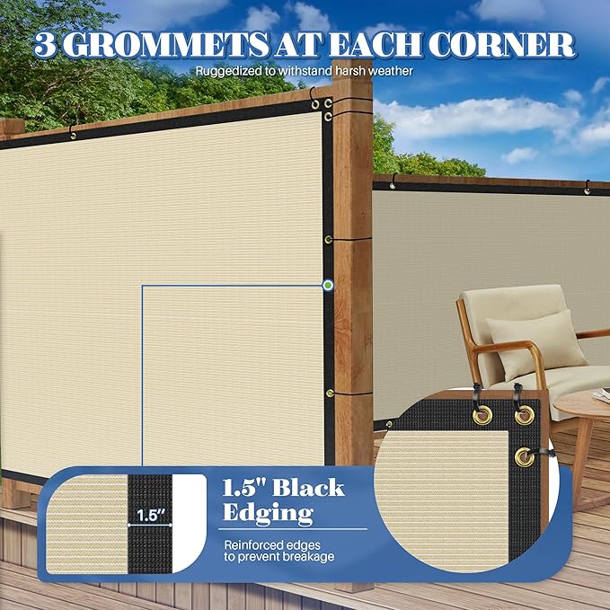 ECOOPTS 8'x172' Privacy Fence Screen Windscreen with Copper Grommets, Fit for Commercial Fence and Residential Garden Outdoor 90% UV Blockage, Cable Zip Ties Included (Beige)