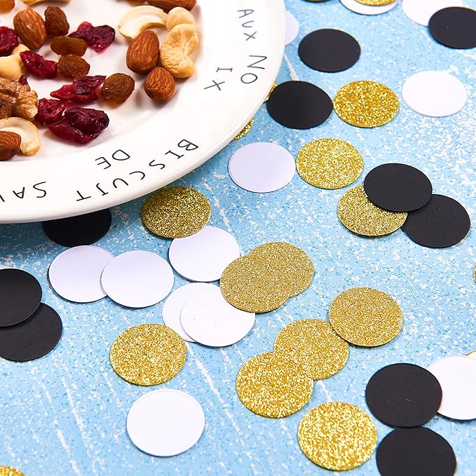 300pc Black White Gold Paper Table confetti, Circle Dots Glitter Party Table Confetti for Wedding Baby Shower Birthday Party Decoration Suppiles Table Decoration 1 Inch