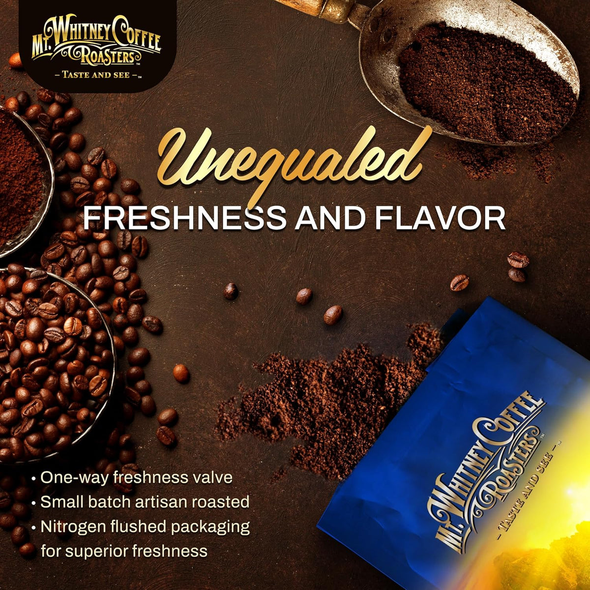 Mt. Whitney Base Camp Blend Coffee Beans - Medium Dark Roast Coffee, Low Acid Coffee - Ground Coffee, 12 oz
