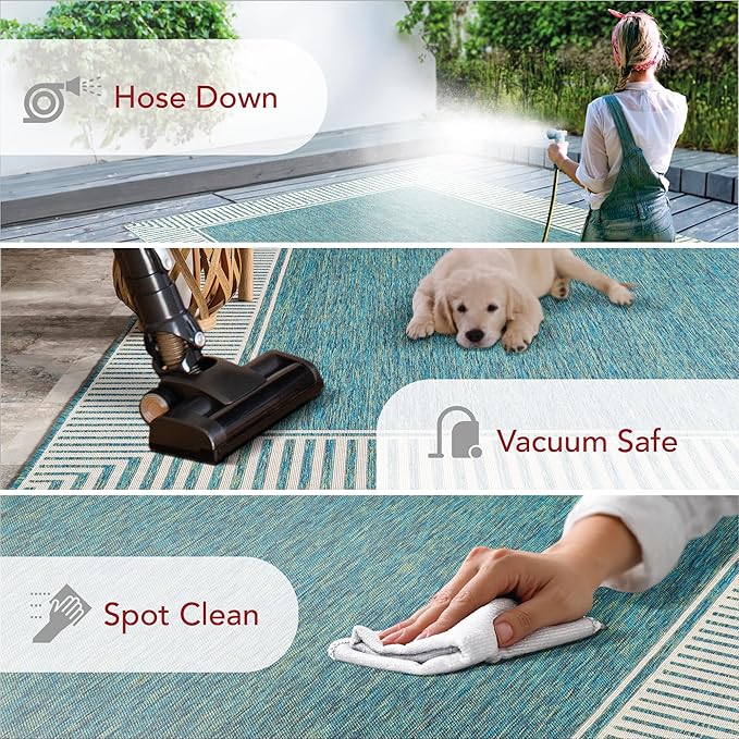 Nuloom Asha Teal/Ivory, 8' x 10', Casual, Striped Border, Soft and Cozy, High Traffic, Stain Resistant, Easy Clean, Durable Area Rug for Indoor/Outdoor Patio, Deck, Porch, Garden, Courtyard