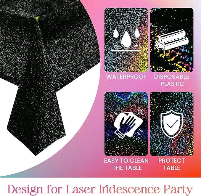 Pink & Purple & Black Holographic Tablecloth 40" x 108" Hot Pink Party Decoration Valentine's Day Birthday Party Table Decor Iridescence Plastic Table Cloth for Halloween Baby Shower Party Supplies