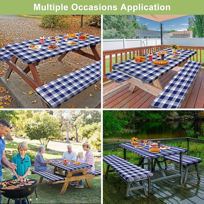 Picnic Table Cover with Bench Covers Camping Essentials Waterproof Windproof Camping Tablecloth with Drawstring Bag, Fitted Rectangle Tables and Seats, 72in, Blue Checkered
