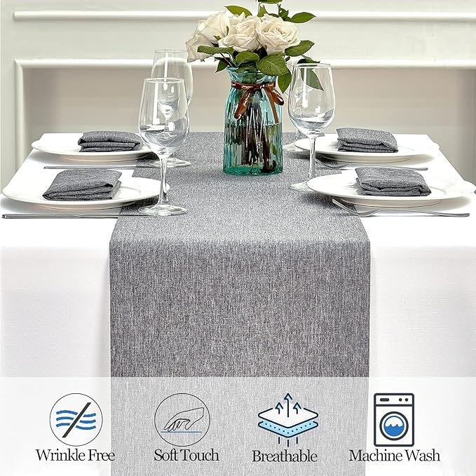 Mebakuk Linen Farmhouse Table Runner Large Burlap Style Soft and Waterproof Decorative Fabric Runner for Outdoor Wedding and Dinner (14 x 108 Inch, Dark Grey)