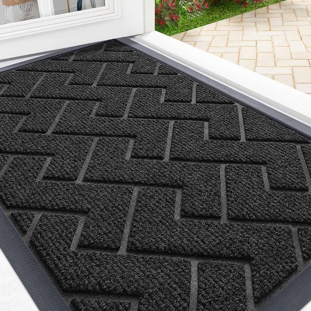 OLANLY Front Door Mat Indoor Outdoor Entrance, Waterproof All-Season, All-Weather Doormat, Sturdy Natural Rubber, Low Profile, Easy Clean Patio Porch Entryway Mat, Herringbone Brick (Black, 59x23)