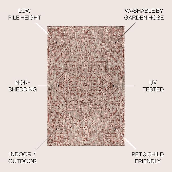 JONATHAN Y Boho Medallion Indoor Outdoor Round Area Rug 5 Ft Red/Taupe, Estrella Textured Weave for Backyard, Patio, Porch, Easy-Cleaning, High Traffic, Pet-Friendly, Non-Shedding (SMB105A-5R)