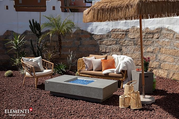 Elementi+ | Bundle Monte Carlo Gas Fire Pit Cast Concrete 60" Rectangular Fire Table | Electronic Ignition | Canvas Cover, Fire Glass and Burner Lid Included | Light Gray | Propane Gas