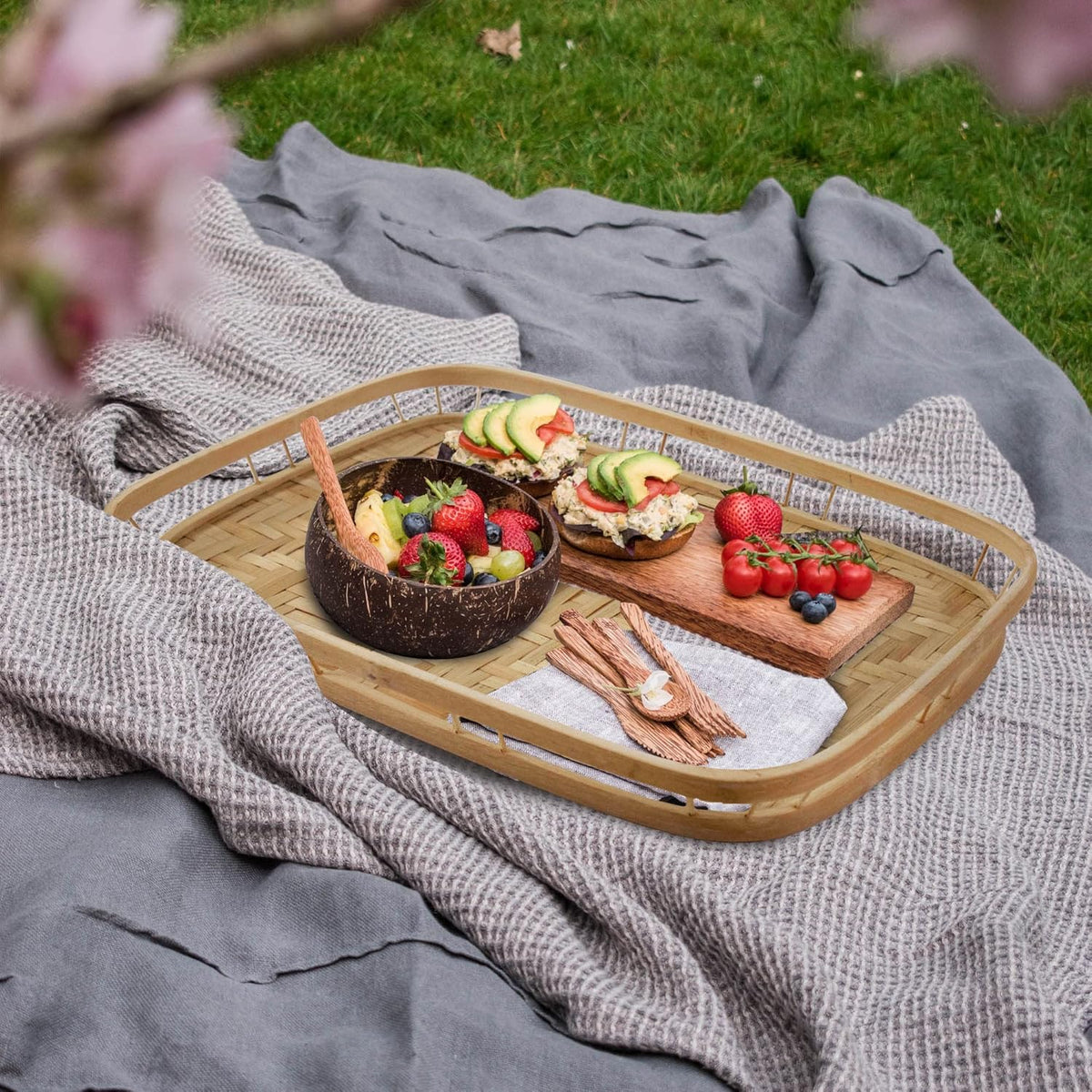 Pemar Set of 4 Bamboo Wicker Serving Trays for Foods & Drinks, Rectangular Breakfast Lap Trays with Handles Wooden Decorative Platters for Coffee