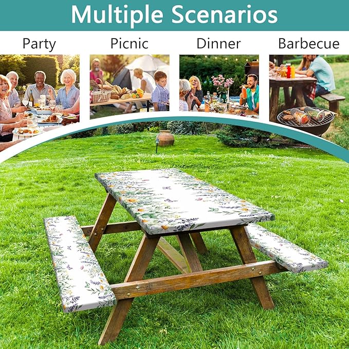 Floral Picnic Table Cover with Bench Covers, Camping Essentials, Leaves Flower Butterfly Waterproof Windproof, Fitted Tablecloth Cover with Elastic Edge, for Indoor, Outdoor, 3 PCS, 30x60 Inch