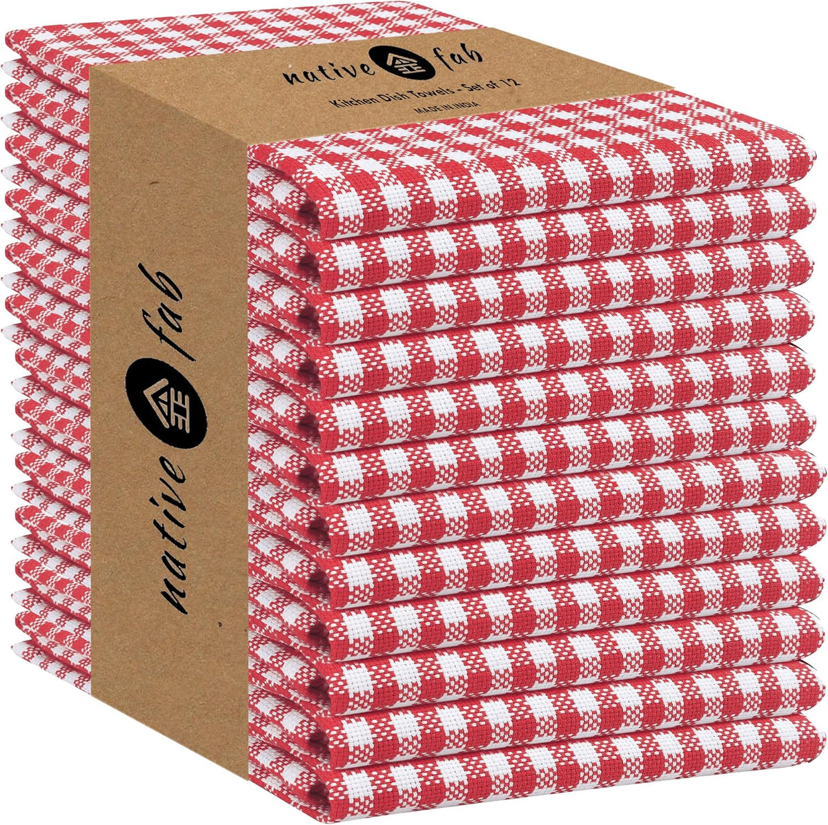 Native Fab 12 Pack Gingham Check Kitchen Towels 16"x26" - Mini Plaid Cotton Dish Towels Washable - Absorbent Tea Towel, Soft Hand Towel with Hanging Loop, Dish Cloth Set - Red White