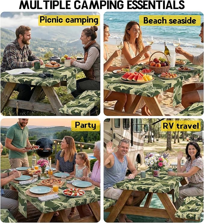 Picnic Table Cover with Bench Covers Waterproof Elastic Tablecloth Camping Essentials Gear Table Cloth Outdoor Glamping Cool Camping Gifts for Camper RV Owner Camping Lovers Family Couple Women Men