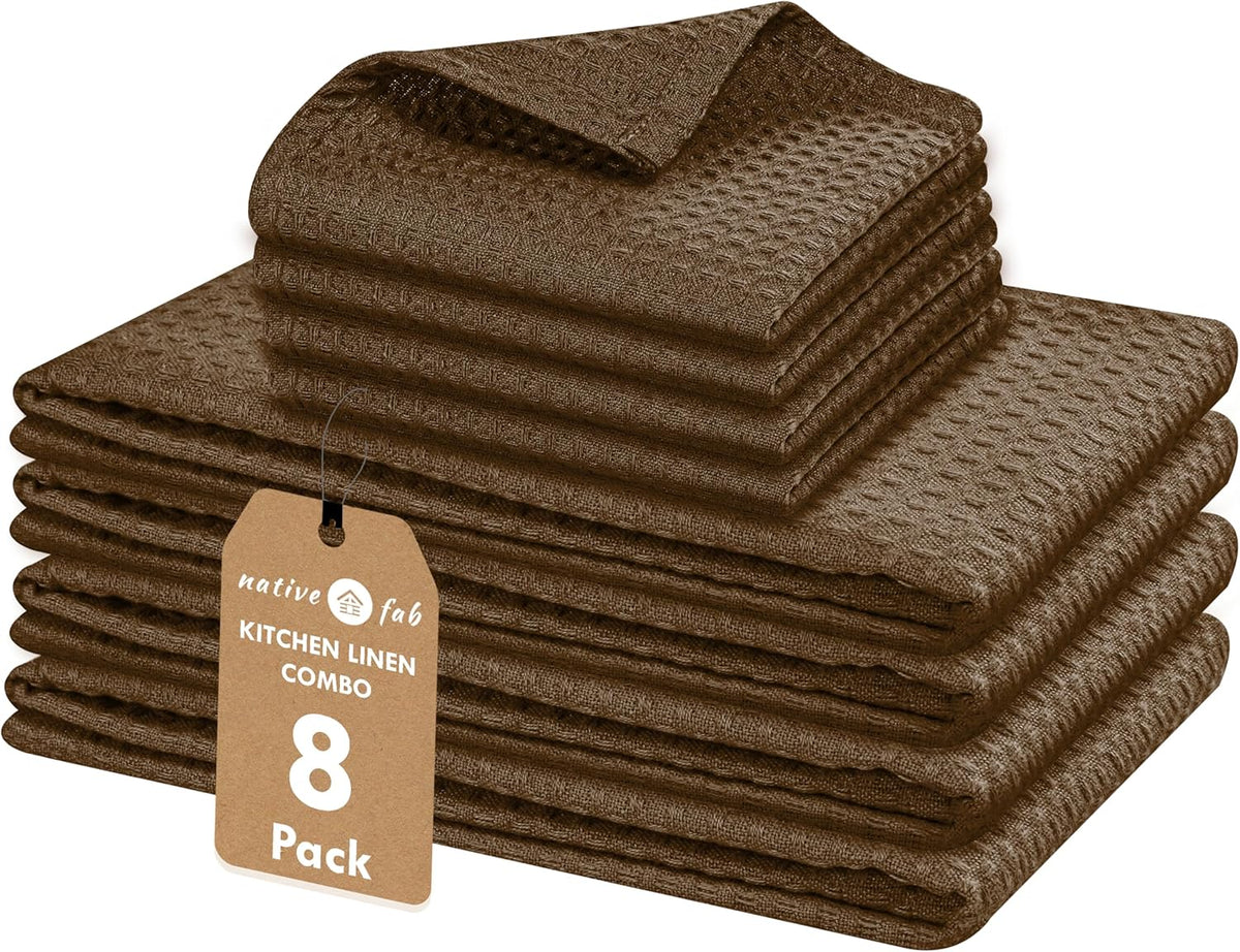 Native Fab Cotton Dish Towel & Dishcloths 8 Piece Set - Soft, Absorbent, Durable, Washable, Fast Drying Towels for Cleaning, Cooking, Baking