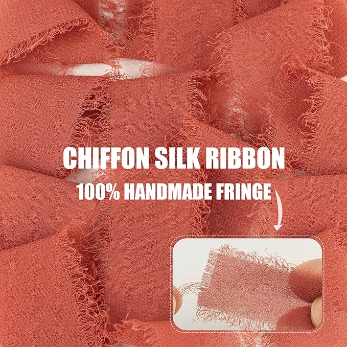 Rust Chiffon Ribbon - 1 Inch x 21 Yards, Handmade Fringe, Silk, Boho Frayed Ribbon for Gift Wrapping, Wedding Invitation, Bridal Flower Bouquets