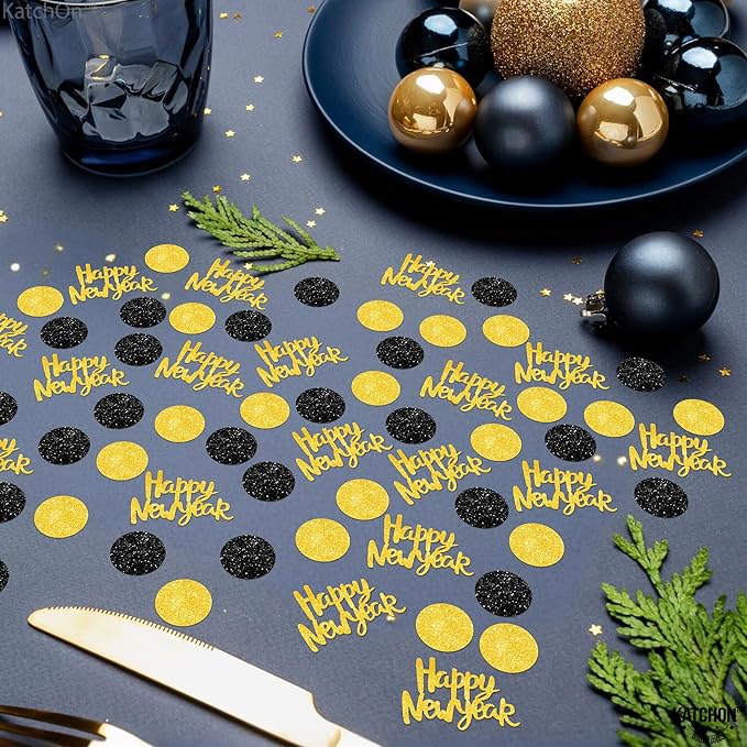 KatchOn, Glitter, Gold and Black Happy New Year Confetti - Pack of 200 | New Years Confetti 2026, New Years Eve Party Supplies 2026 | NYE Table Decorations | Happy New Years Decorations 2026