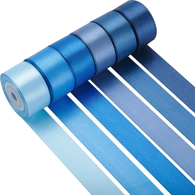 LIUYAXI Blue Satin Ribbon 1 Inch x 6 Rolls Total 60 Yards Use for Gift Wrapping, Flower Bouquets, Hair Bows, Wedding, Invitation Cards, Christmas