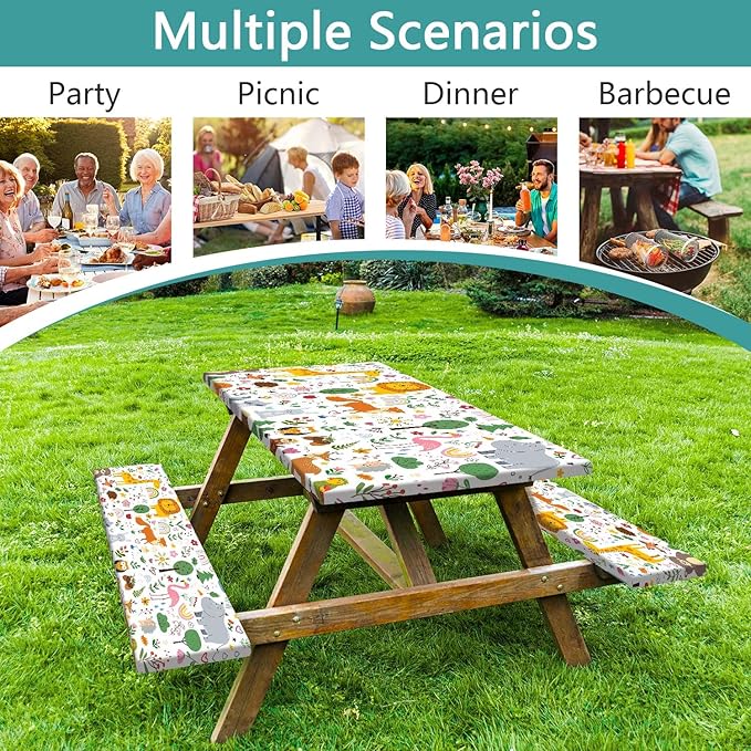 Picnic Table Cover with Bench Covers, Camping Essentials, Jungle Animal Cute Waterproof Windproof Camping Tablecloth, Fitted Tablecloth Cover with Elastic Edge for Indoor Outdoor 30x72 Inch
