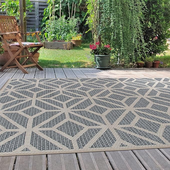 Rugshop Blue Contemporary Geometric Indoor/Outdoor Area Rug — Hose Washable for Living Room, Dining Room and Office, 9' x 12'
