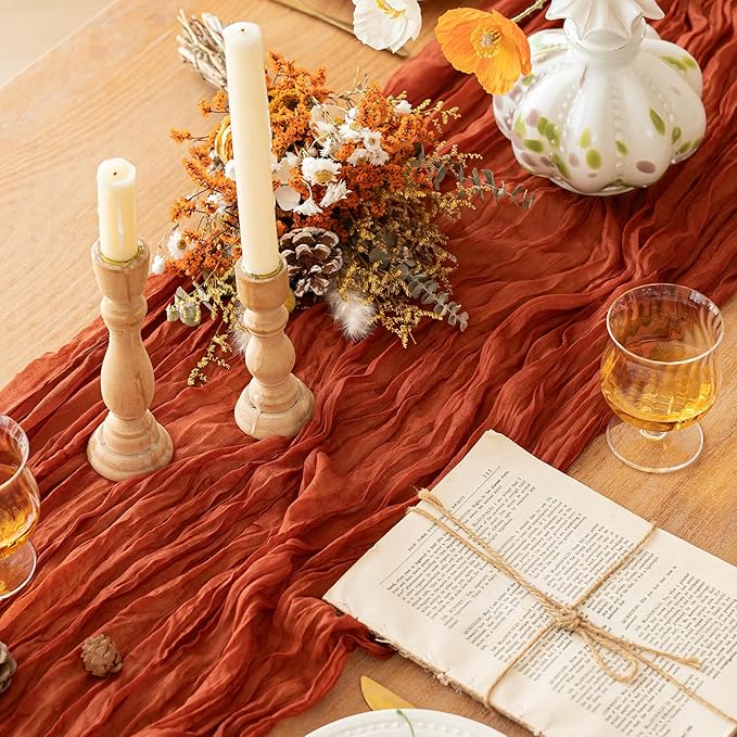 FEXIA Terracotta Cheesecloth Thanksgiving Table Runner 35x120 Inches Orange Red Rust Boho Gauze Christmas Table Runners Burnt for Wedding Decor Reception Bridal Shower Centerpiece