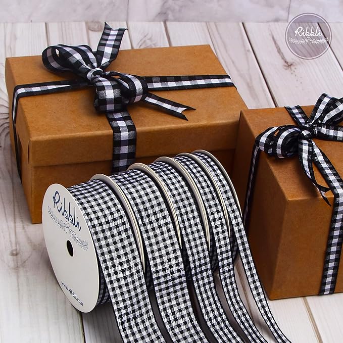 Ribbli Black and White Gingham Ribbon,Polyester Woven Edge,3/8 Inch x 10 Yard,Plaid Ribbon,Buffalo Checked Ribbon (Black 1)