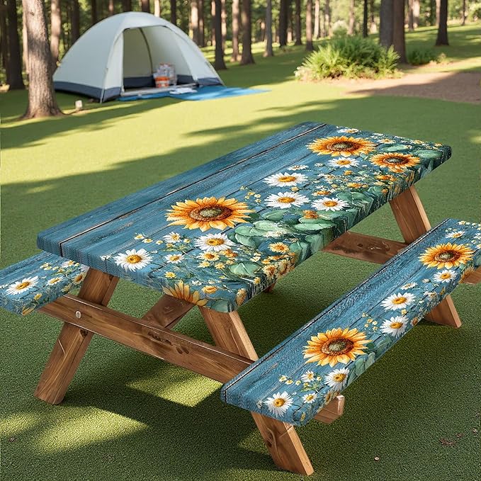 Picnic Table Cover with Bench Covers, Waterproof Elastic Fitted Tablecloths for 6 Foot Rectangle Tables, Outdoor Washable Sunflower Wooden Tablecloth for Camping 30X72in