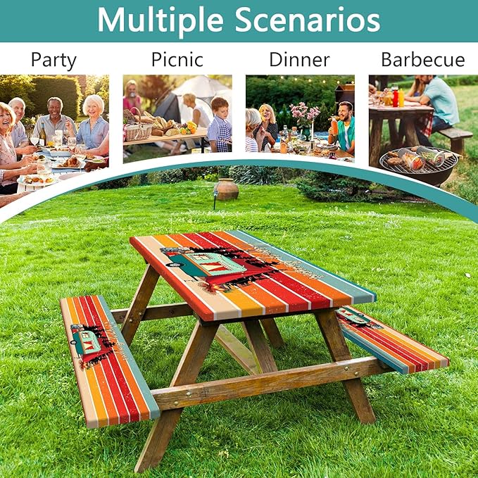 JAWO 96in Picnic Table Cover with Bench Covers, Camping Essentials Water Resistant Windproof Picnic Table Cloth,Fitted Tablecloth Cover with Elastic Edge for Indoor Outdoor, Camper Fitted Table Cover