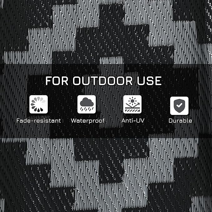 Outsunny Outdoor Rug for Patio, 9' x 18' Waterproof Large Mat, Reversible Plastic Straw Rug for Decor, Portable Outside RV Camping Area Carpet Mat for Backyard Porch Deck Picnic, Black Gray Geometric
