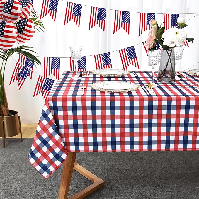 4th of July Checkered Tablecloth Fabric - Rectangle 58x84 Inch Classic Gingham Patriotic Party Table Cloth for Indoor/Outdoor Use - Independence Day Memorial Day Washable Table Cover