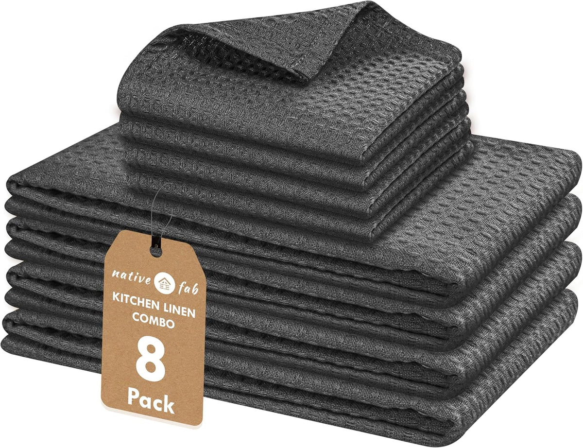 Native Fab Cotton Dish Towel & Dishcloth Set - 8 Piece Pack for Cleaning, Cooking, Baking - Absorbent, Durable, Washable