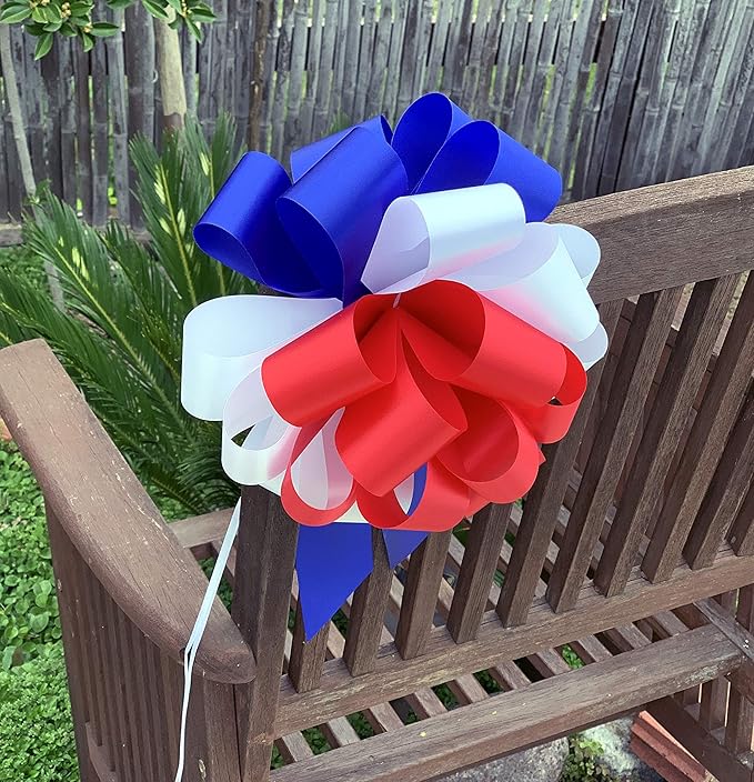 Red, White, and Blue Pull Bows - 9" Wide, Set of 6, Memorial Day, 4th of July, America 250 Anniversary, Patriotic Holiday Decorations, Election Day, USA Rally Decor, Veterans Day, American Pride