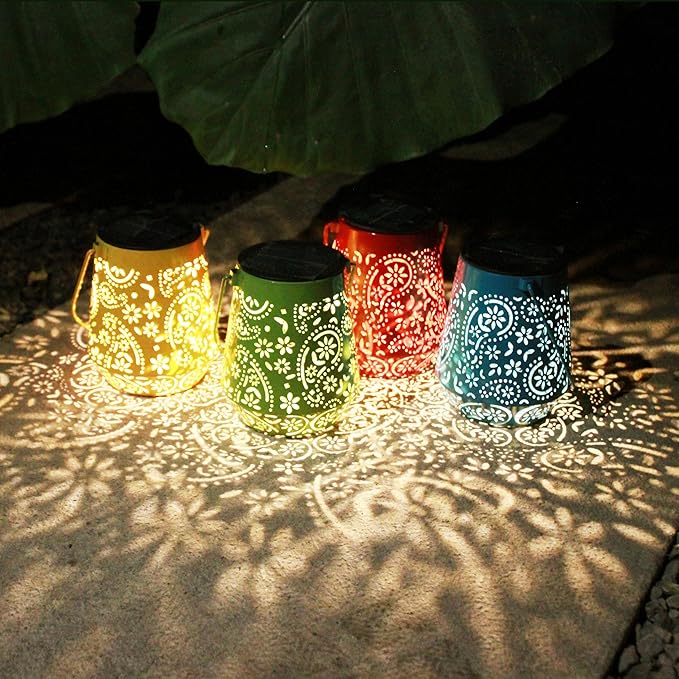 Solar Lanterns Outdoor Waterproof Hanging Solar Lantern, Retro 4 Colors LED Solar Powered Lantern Lights with Handle for Patio Garden Yard Pathway Lawn Porch Decor (4 Pack)