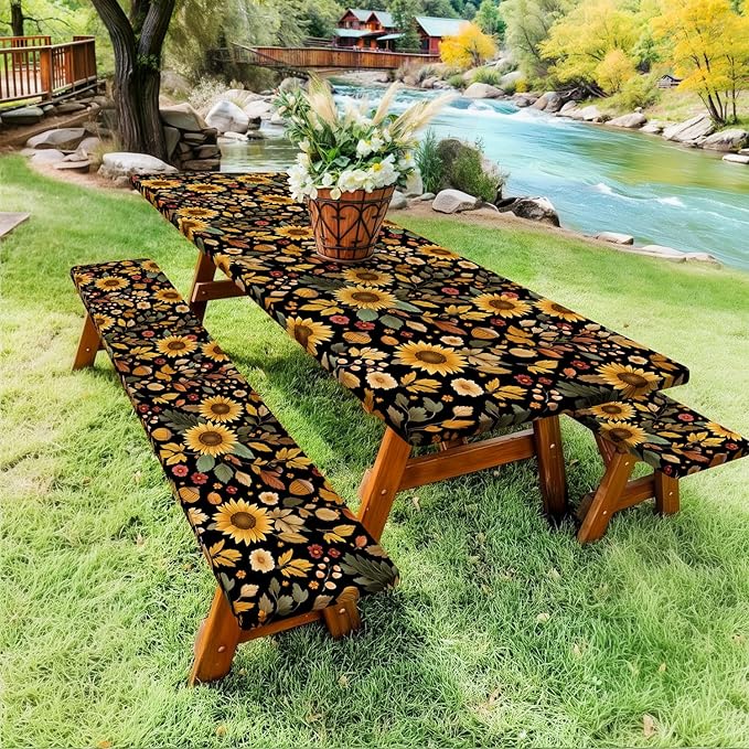 Picnic Table Cover with Bench Covers, Camping Essentials, Sunflower Flower Leaves Waterproof Windproof Patio Table Cover, Fitted Tablecloth Cover with Elastic Edge for Indoor Outdoor 3 PCS 30x72 Inch