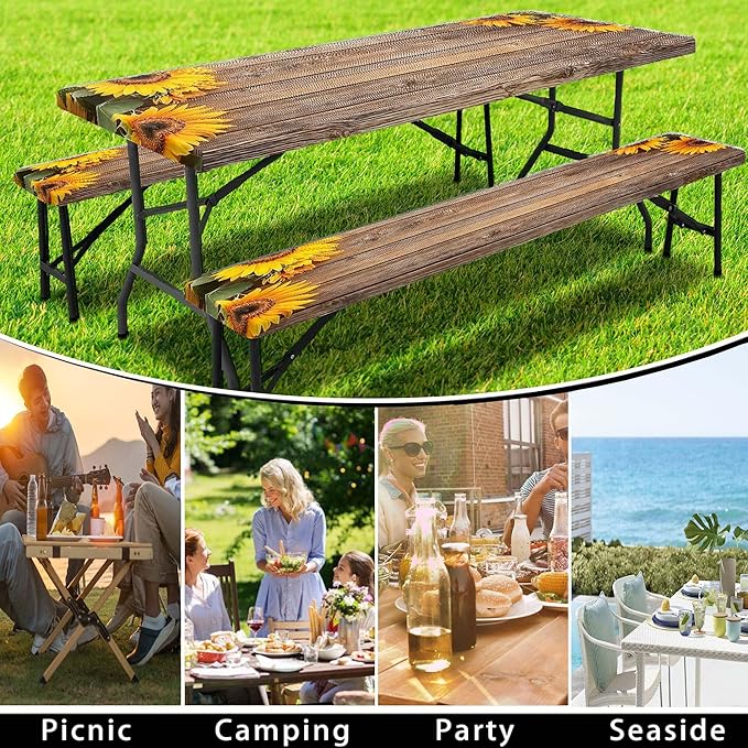 Sunflower Picnic Table Cover with Bench Covers, Waterproof Windproof, Camping Essentials, Fitted Tablecloth Cover with Elastic Edge, for Indoor & Outdoor, Garden, Camping, 3 Pieces Set, 30x60 Inch