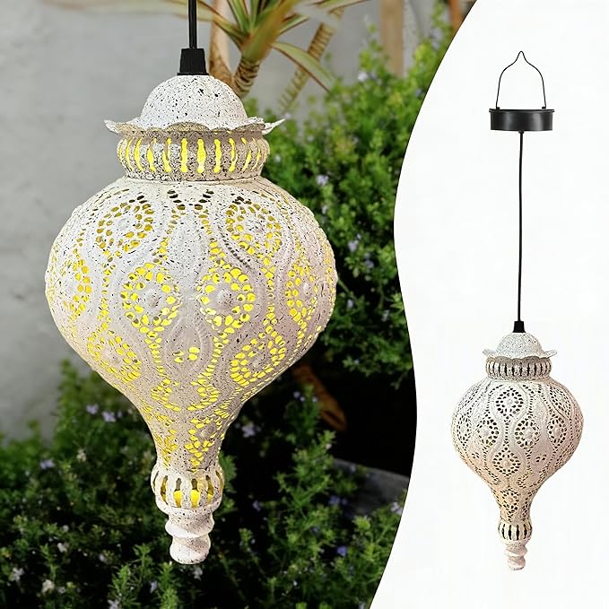 Moroccan Solar Lanterns Outdoor Waterproof White Hanging Lanterns Outdoor Ramadan Garden Decor Gardening Gifts for Women Mom Grandma Solar Lights for Patio, Pathway, Yard, Porch, Backyard.