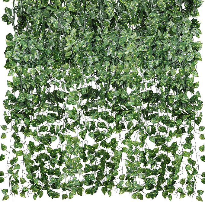 CEWOR 48 Pack 7 Feet Artificial Ivy Garlands, Fake Vines Greenery Hanging Plants Green Leaves Backdrop for Room Bedroom Wall Decor, Jungle Themed Party Wedding Decorations