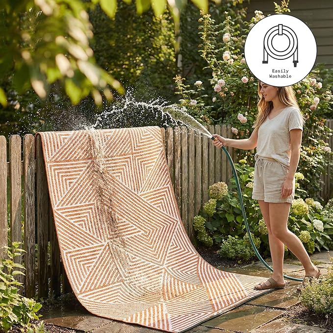 Fab Habitat Outdoor Rug - Waterproof, Fade Resistant, Crease-Free - Premium Recycled Plastic - Modern Geometric - Patio, Deck, Porch, Balcony, Laundry Room - Tokyo - Burnt Orange - 4 x 6 ft