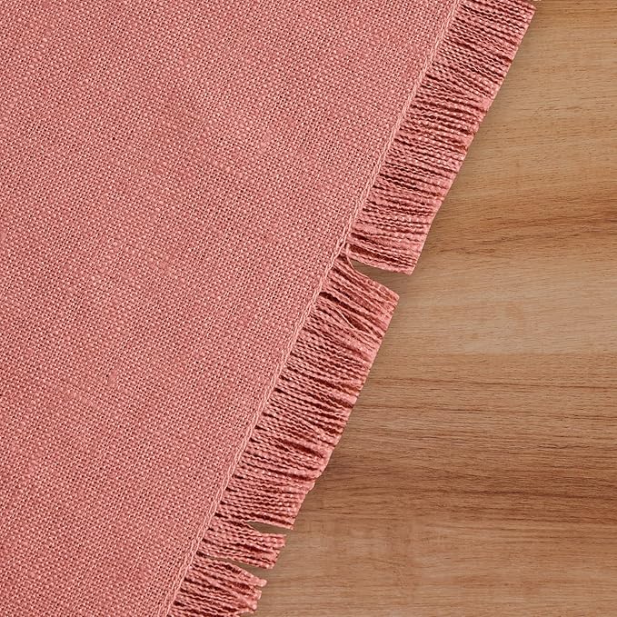 Solino Home Linen Dusty Rose Table Runner 120 Inches Long - Fringe, 100% Pure Linen 14 x 120 Inch Table Runner for Valentines, Spring, Easter