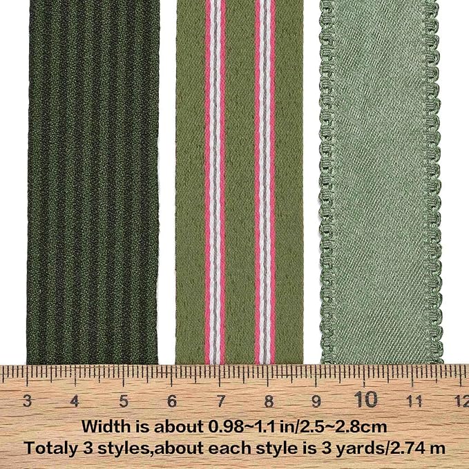 BEEFLYING 3 Styles 9 Yard Olive Green Wire Edged Ribbons for Christmas Gift Wrapping Deco 25~28mm×2.7m Stripe Ribbons Satin Ribbons for Wedding Party Deco Hair Bows Flower Designs Sewing and Craft