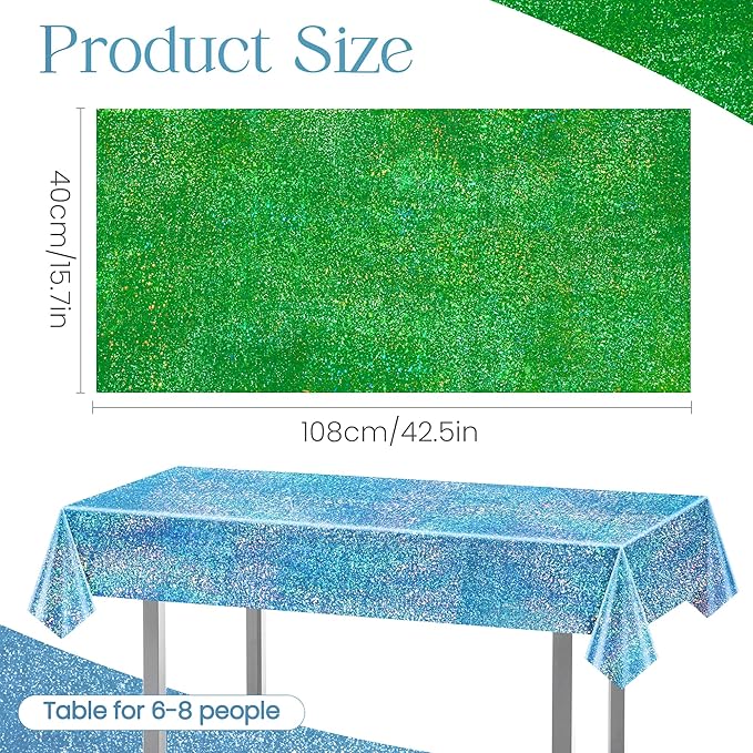 Just Shimmer Sparkling Holographic Laser Tablecloth - Shimmering, Waterproof, Easy to Clean - Ideal for Bachelorette, Birthday, Wedding, and Anniversary Party Decorations (Blue & Green, 2)