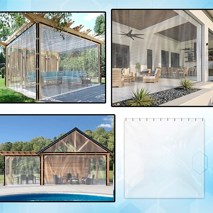 Covers & all Outdoor Clear Tarp Curtain, 18oz Clear Outdoor Curtains For Patio, Waterproof & Tear Proof Transparent PVC Vinyl Tarp with Rustrpoof Grommets for Porch, Gazebos, Balcony (10'H x 7'W feet)