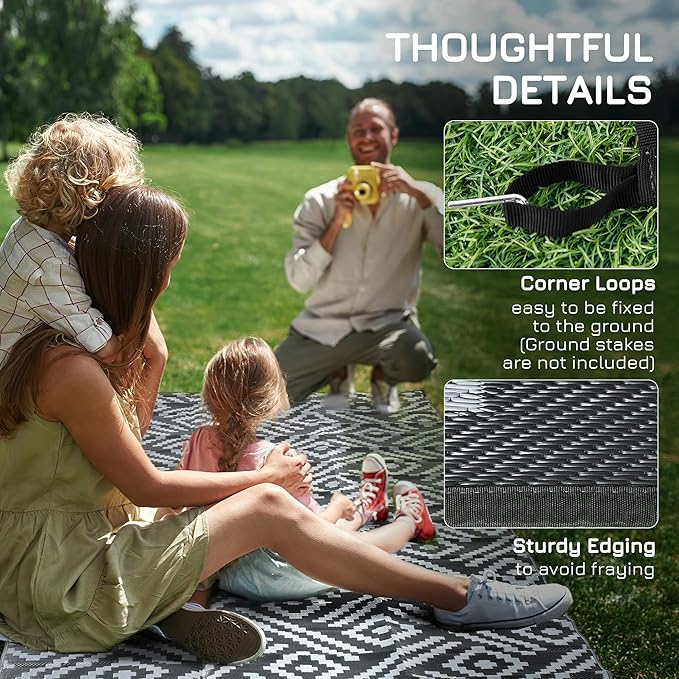 Outsunny Outdoor Rug for Patio, 9' x 18' Waterproof Large Mat, Reversible Plastic Straw Rug for Decor, Portable Outside RV Camping Area Carpet Mat for Backyard Porch Deck Picnic, Black Gray Geometric