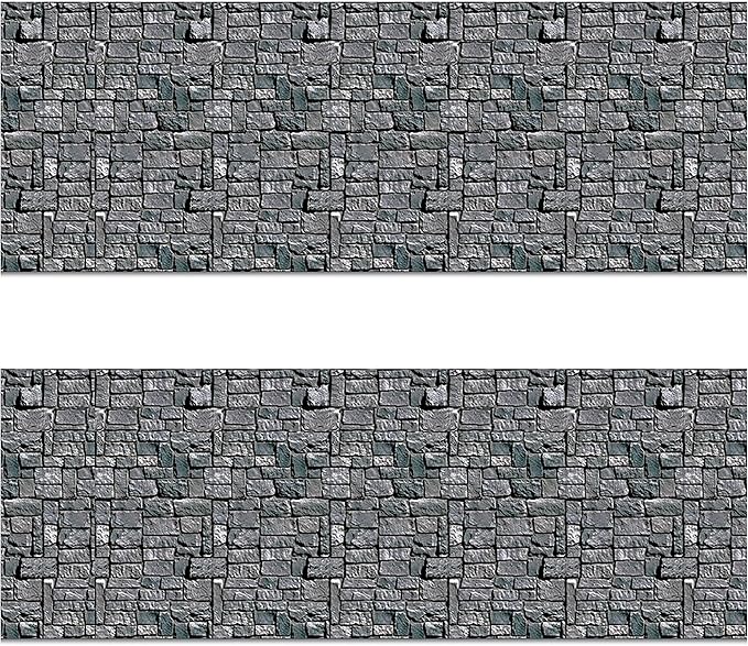 Beistle Brick Stone Wall Backdrops, 4’ x 30’, 2 Pack – Medieval Party Decorations, Medieval Decor Background, Photo Backdrop, Easy to Adhere Wall Covering, Stone Backdrop, Halloween Party Decorations