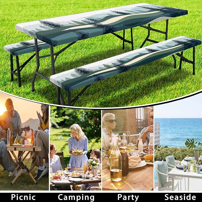 Picnic Table Cover with Bench Covers, Green Blue Camping Tablecloth Waterproof Windproof, Fitted Tablecloth Cover with Elastic Edge, for Indoor & Outdoor, Garden, Camping, 3 Pieces Set, 30x96 Inch