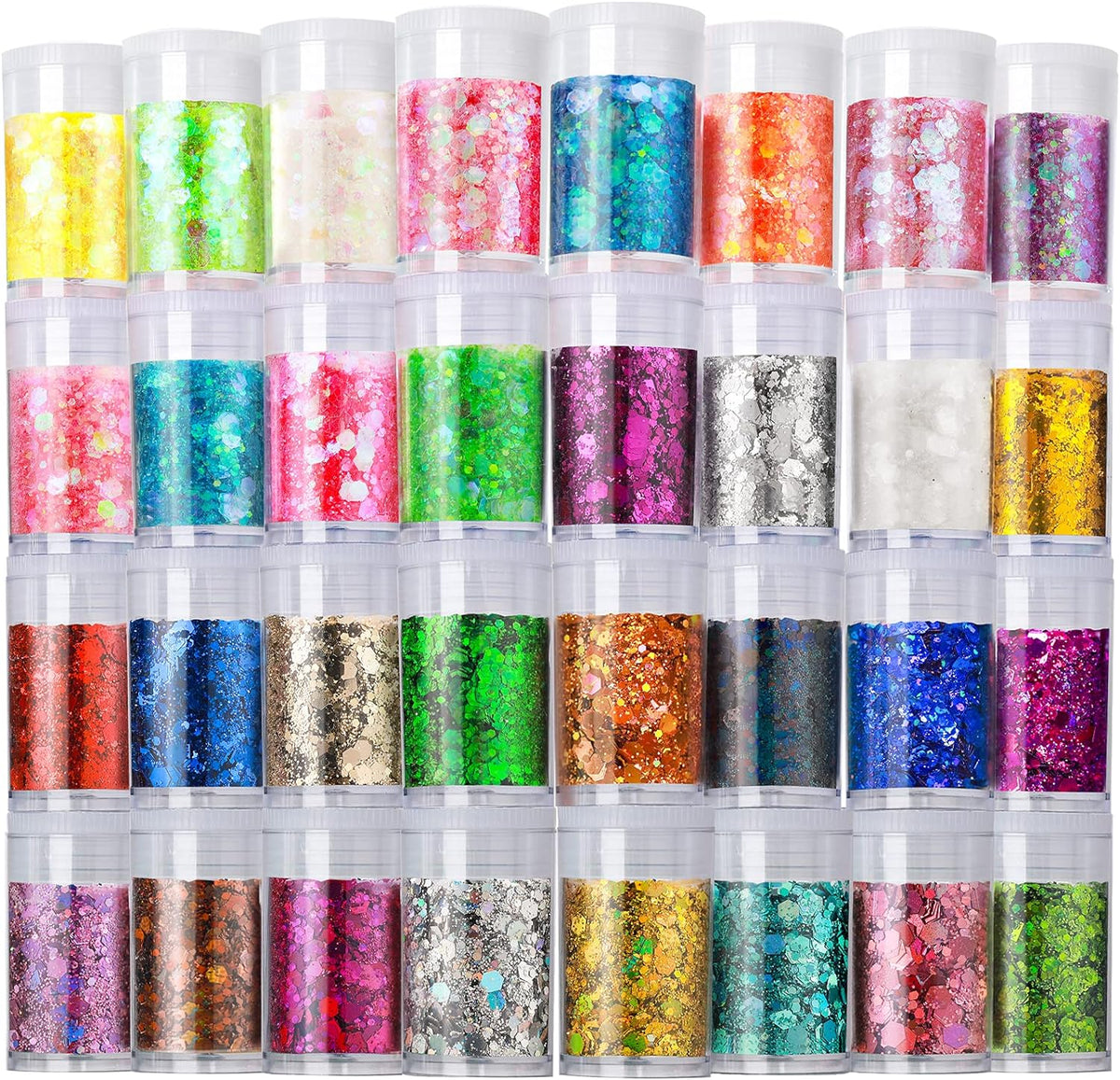 LEOBRO Holographic Chunky Glitter, Set of 32 Colors, Craft Glitter for Resin, Crafts Tumblers Nails Body, Christmas Halloween Sequins Flakes for Arts Crafts