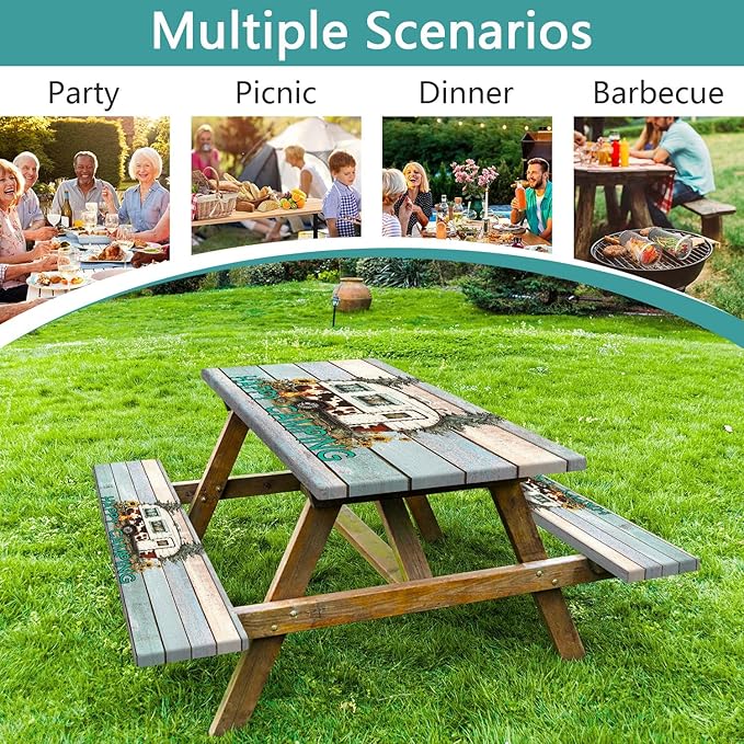 Flowers Picnic Table Cover with Bench Covers and Bag, Camping Essentials, Green Camper Wooden Grain Waterproof, Fitted Tablecloth Cover with Elastic Edge, Outdoor Table Covers, 3 PCS, 30x72 Inch