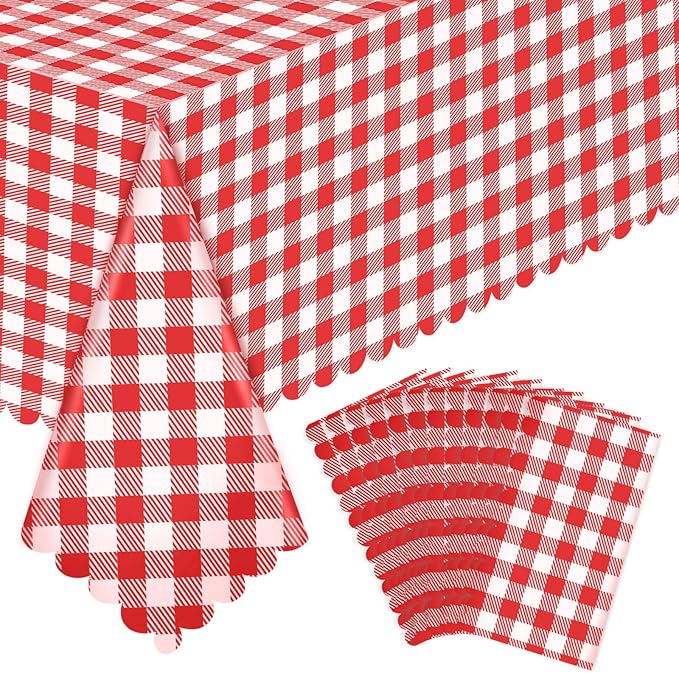 12 Pack Red Gingham Tablecloths, 54 X 108Inch Plastic Red and White Checkered Tablecloth Disposable Picnic Table Cloths Waterproof Outdoors Tablecloth for Camping Picnic Barbecue Birthday Party