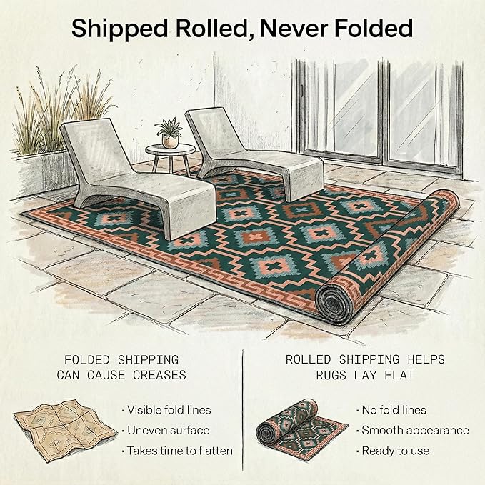 Fab Habitat Outdoor Rug - Waterproof, Fade Resistant, Crease-Free, Reversible - Premium Recycled Plastic - Vintage Boho Kilim - Patio, Deck, Porch, Balcony, Laundry Room - Lhasa - Green - 4 x 6 ft