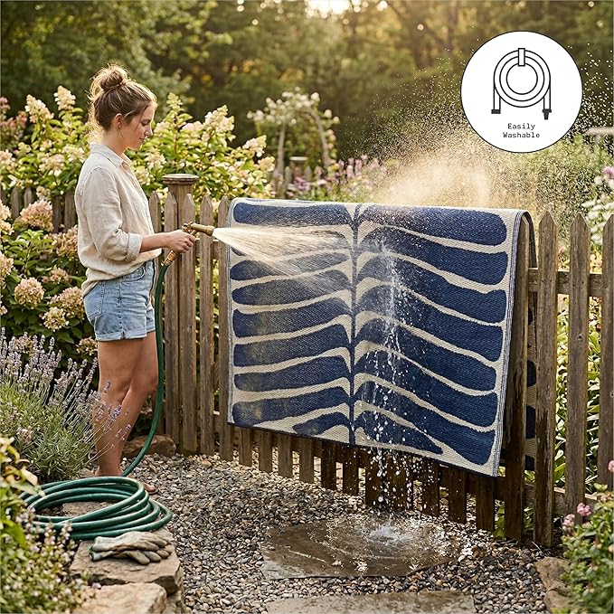 Fab Habitat Tropical Botanical Floral Outdoor Rug - Waterproof, Crease-Free Fade Resistant, Reversible - Recycled Plastic - Patio Porch Balcony Deck Yard Garden - Hilo Navy - 5x8 ft