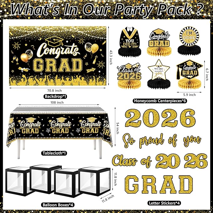 Graduation Decorations Class of 2026 Congrats Grad 2026 Party Supplies Include Backdrop Tablecloth Balloon Boxes with Letters Honeycomb Centerpieces Balloon Arch Kit Foil Balloons (Black and Gold)