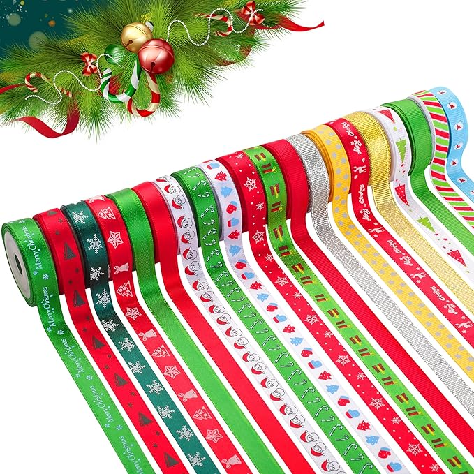 20 Rolls 100 Yards Christmas Ribbon for Gift Wrapping, 3/8 Inch Printed Christmas Grosgrain Ribbon, Christmas Ribbon for Gift Wrapping Crafts DIY Holiday Xmas Decorations