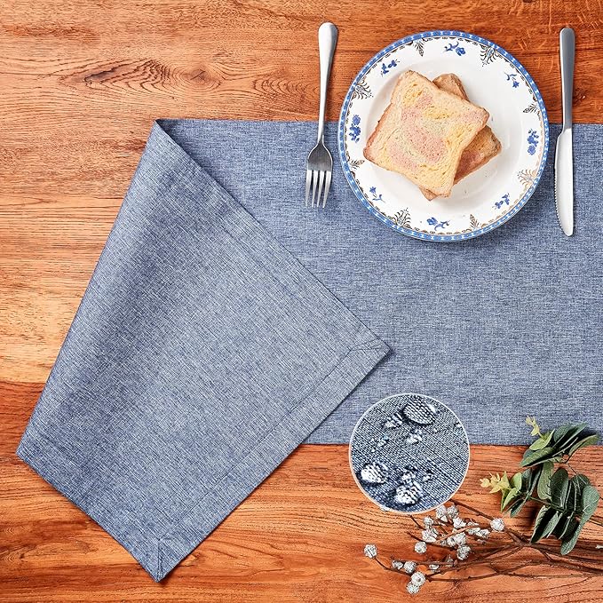 Mebakuk Linen Farmhouse Table Runner Large Burlap Style Soft and Waterproof Decorative Fabric Runner for Outdoor Wedding and Dinner (14 x 60 Inch, Denim Blue)