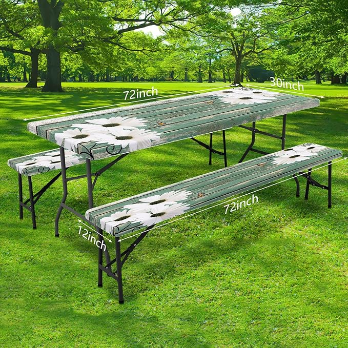 Picnic Table Cover with Bench Covers Daisy Flowers Wooden Floral Waterproof Windproof Fitted Outdoor Tablecloth with Elastic Rectangle Table Cloth Camping Accessories,60x30 Inch